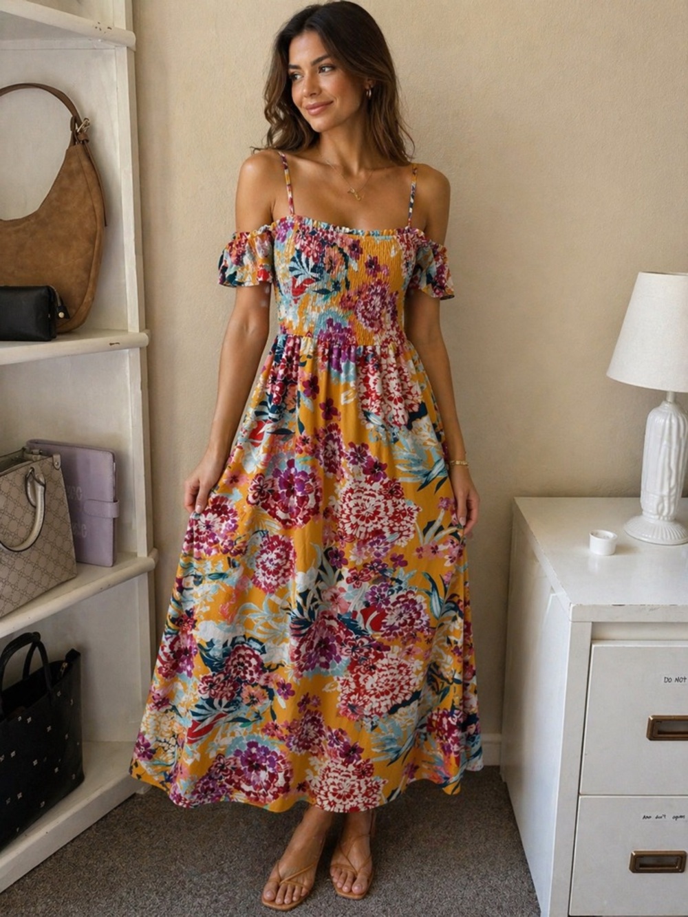 Enfocus Studio Mustard Floral Off-Shoulder Maxi Dress